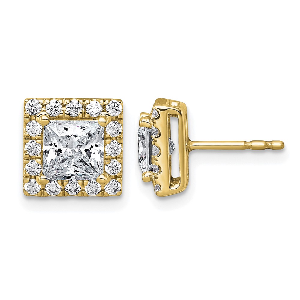 14K Yellow Gold 2.50 Carat Lab Grown Diamond VS+ F+ Complete Princess Halo Post Earrings