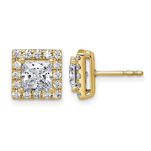 14K Yellow Gold 2.50 Carat Lab Grown Diamond VS+ F+ Complete Princess Halo Post Earrings