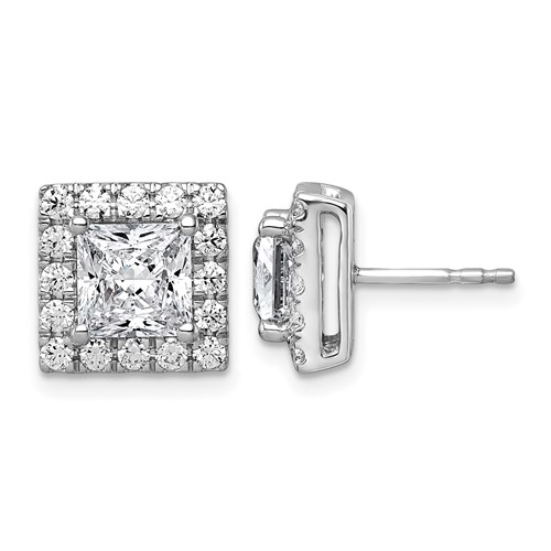14K White Gold 3.88 Carat Lab Grown Diamond VS+ F+ Complete Princess Halo Post Earrings
