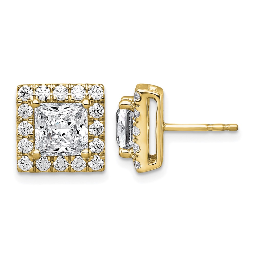 14K Yellow Gold 3.88 Carat Lab Grown Diamond VS+ F+ Complete Princess Halo Post Earrings