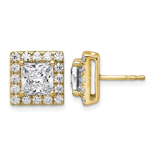 14K Yellow Gold 3.88 Carat Lab Grown Diamond VS+ F+ Complete Princess Halo Post Earrings
