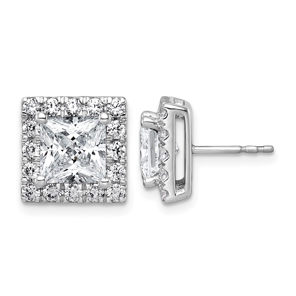 14K White Gold 5 Carat Lab Grown Diamond VS+ F+ Complete Princess Halo Post Earrings