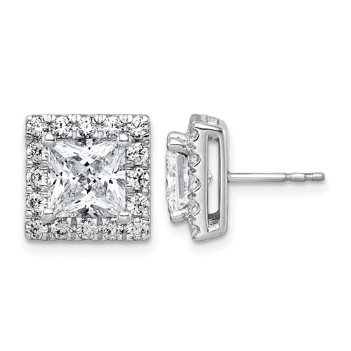 14K White Gold 5 Carat Lab Grown Diamond VS+ F+ Complete Princess Halo Post Earrings