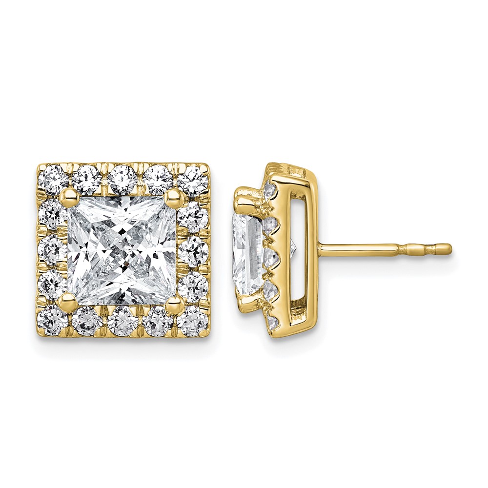14K Yellow Gold 5 Carat Lab Grown Diamond VS+ F+ Complete Princess Halo Post Earrings