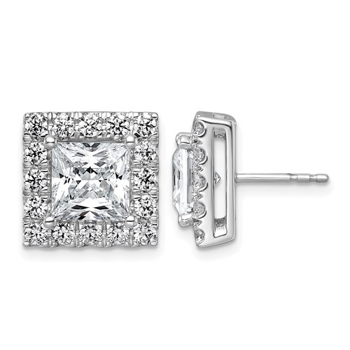 14K White Gold 6.50 Carat Lab Grown Diamond VS+ F+ Complete Princess Halo Post Earrings