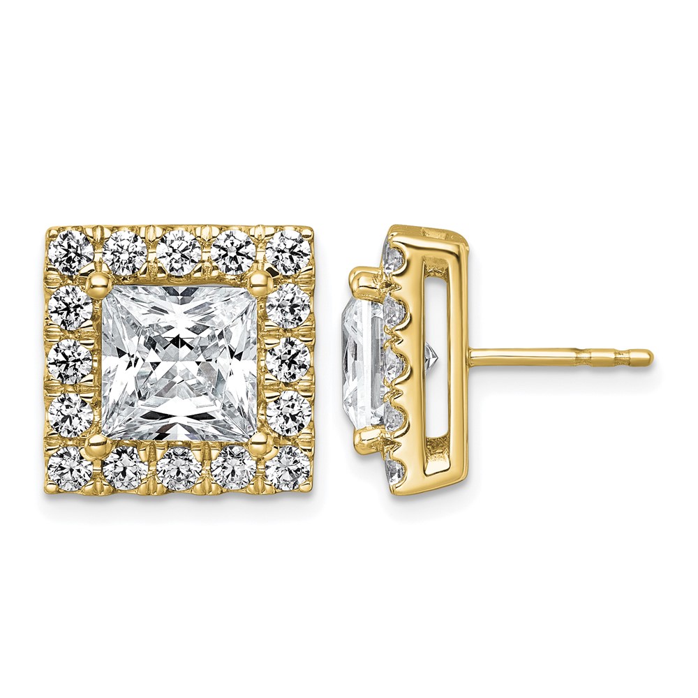 14K Yellow Gold 6.50 Carat Lab Grown Diamond VS+ F+ Complete Princess Halo Post Earrings