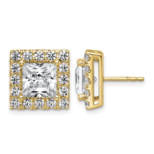 14K Yellow Gold 6.50 Carat Lab Grown Diamond VS+ F+ Complete Princess Halo Post Earrings