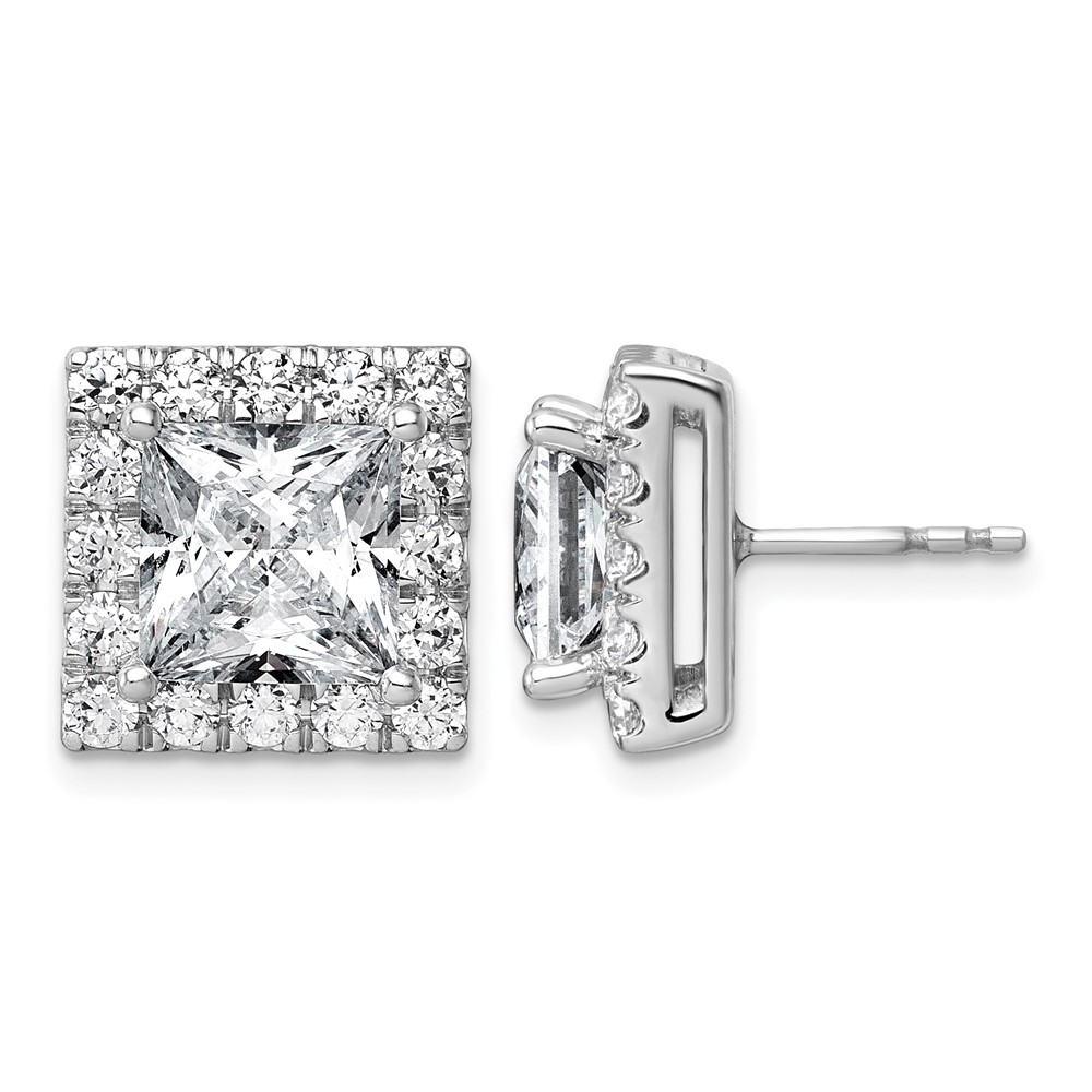 14K White Gold 7.62 Carat Lab Grown Diamond VS+ F+ Complete Princess Halo Post Earrings