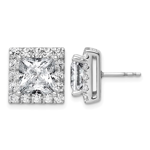 14K White Gold 7.62 Carat Lab Grown Diamond VS+ F+ Complete Princess Halo Post Earrings