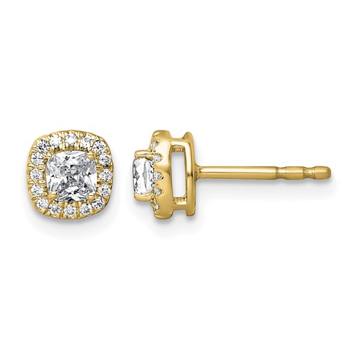 14K Yellow Gold 0.62 Carat Lab Grown Diamond VS+ F+ Complete Cushion Halo Post Earrings