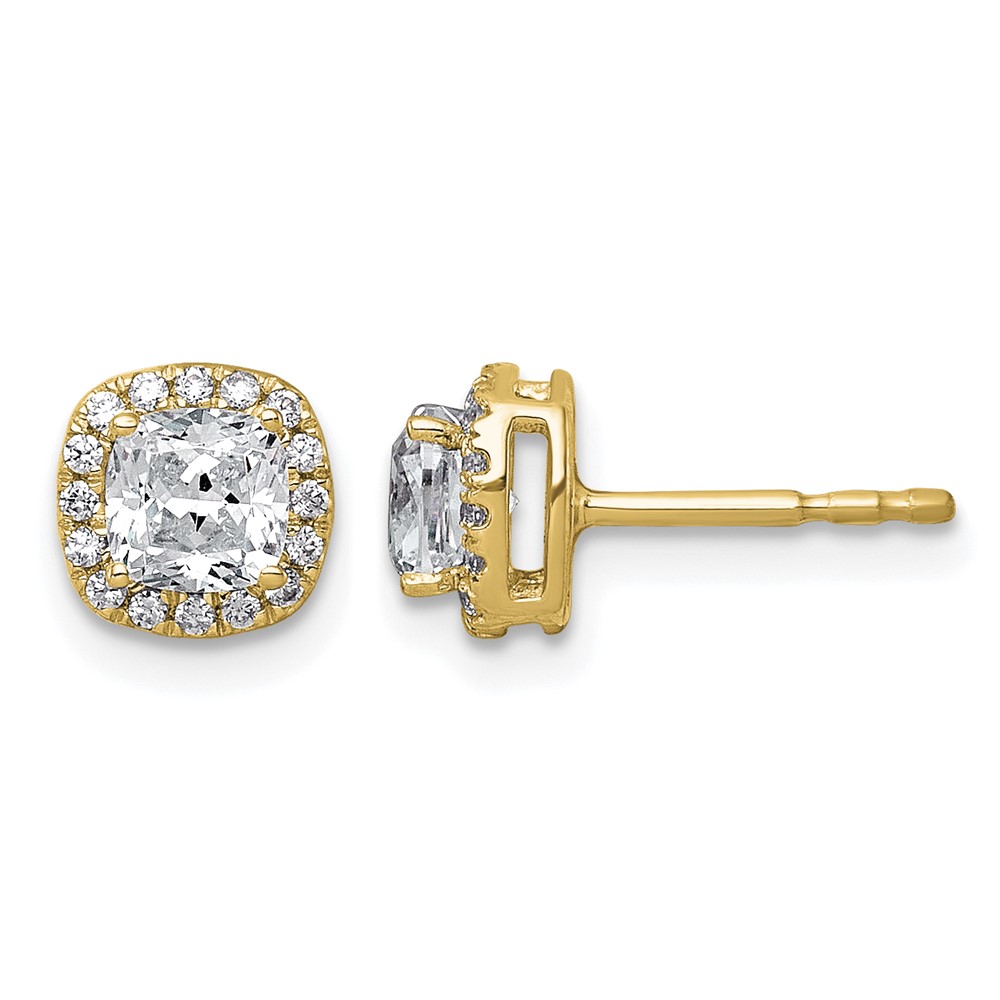 14K Yellow Gold 1.17 Carat Lab Grown Diamond VS+ F+ Complete Cushion Halo Post Earrings