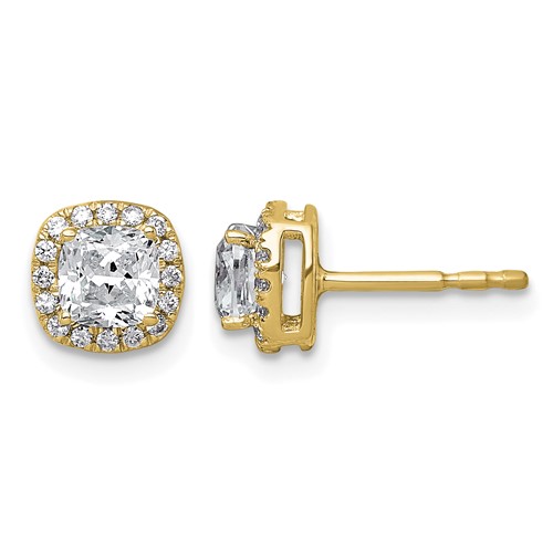 14K Yellow Gold 1.17 Carat Lab Grown Diamond VS+ F+ Complete Cushion Halo Post Earrings