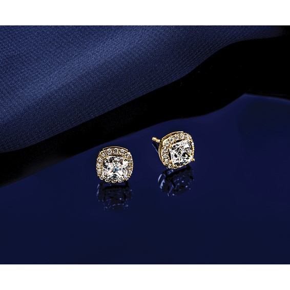 Gold Diamond Cushion-cut Halo Earrings