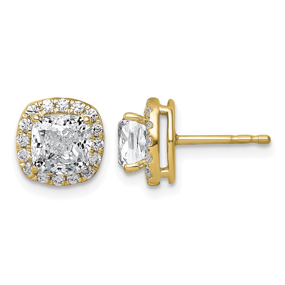 14K Yellow Gold 2.33 Carat Lab Grown Diamond VS+ F+ Complete Cushion Halo Post Earrings