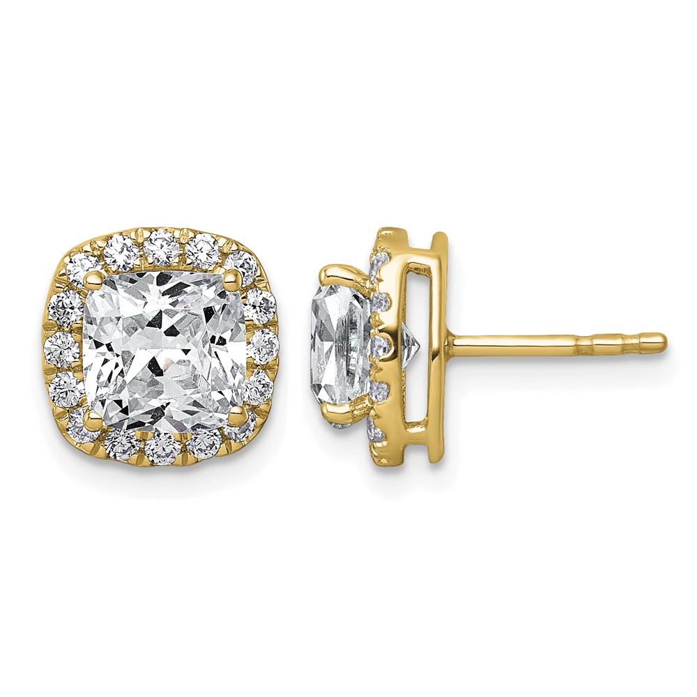 14K Yellow Gold 3.62 Carat Lab Grown Diamond VS+ F+ Complete Cushion Halo Post Earrings