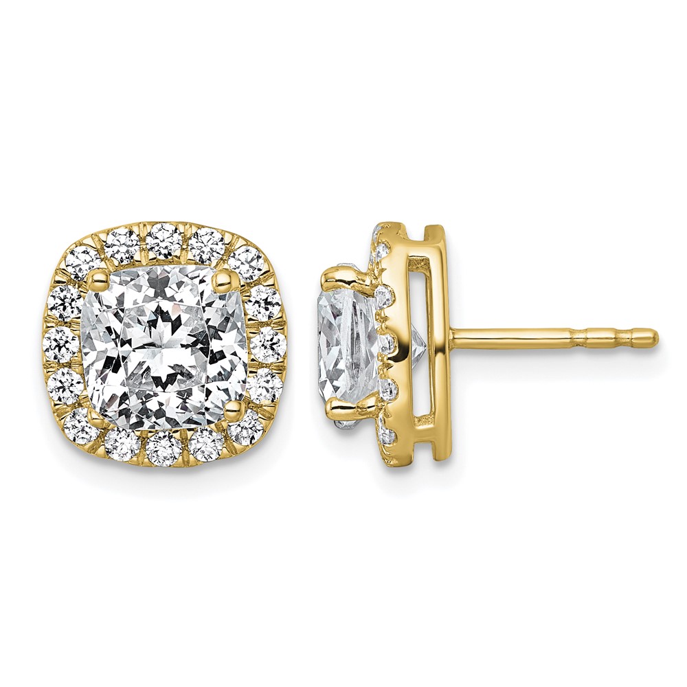 14K Yellow Gold 4.62 Carat Lab Grown Diamond VS+ F+ Complete Cushion Halo Post Earrings