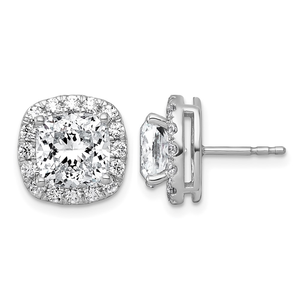 14K White Gold 5.88 Carat Lab Grown Diamond VS+ F+ Complete Cushion Halo Post Earrings
