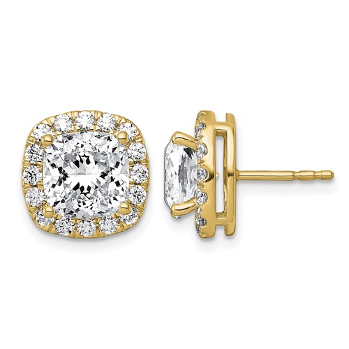 14K Yellow Gold 5.88 Carat Lab Grown Diamond VS+ F+ Complete Cushion Halo Post Earrings