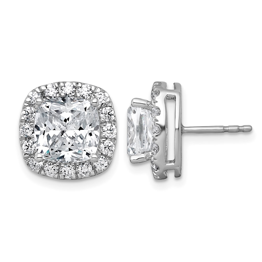 14K White Gold 7 Carat Lab Grown Diamond VS+ F+ Complete Cushion Halo Post Earrings