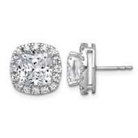 14K White Gold 7 Carat Lab Grown Diamond VS+ F+ Complete Cushion Halo Post Earrings view 1