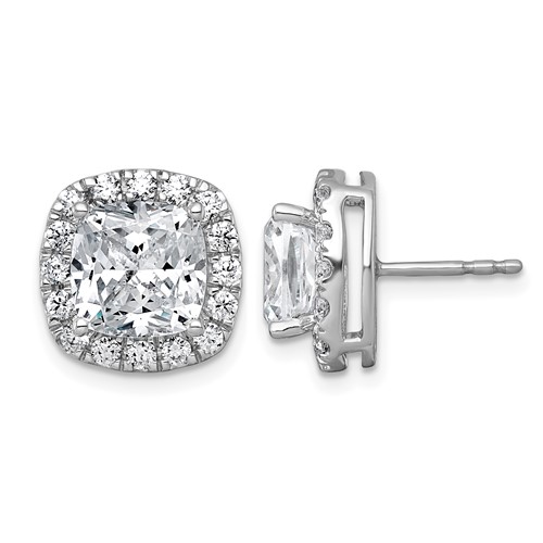 14K White Gold 7 Carat Lab Grown Diamond VS+ F+ Complete Cushion Halo Post Earrings