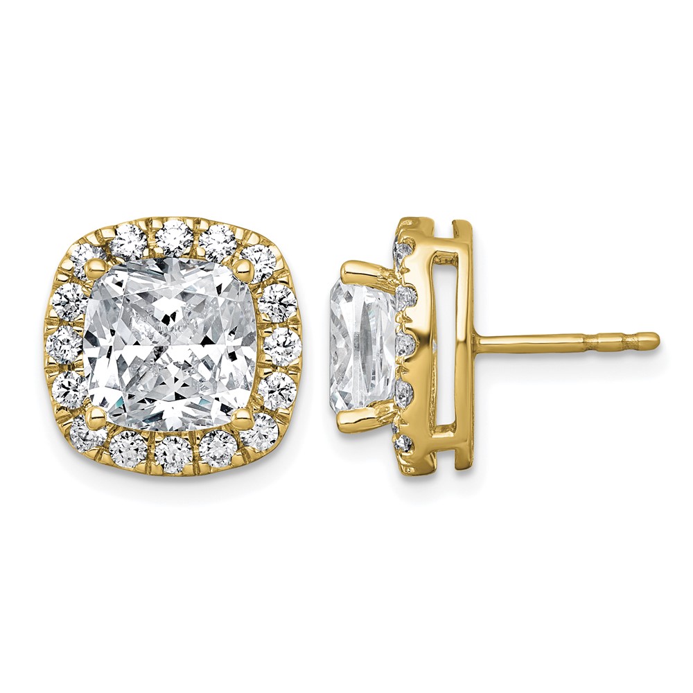 14K Yellow Gold 7 Carat Lab Grown Diamond VS+ F+ Complete Cushion Halo Post Earrings