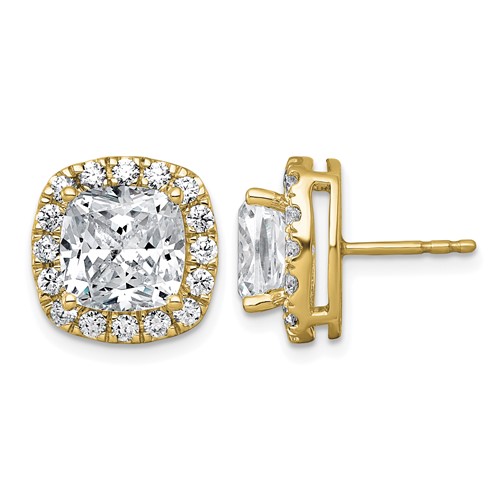 14K Yellow Gold 7 Carat Lab Grown Diamond VS+ F+ Complete Cushion Halo Post Earrings