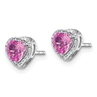 14K White Gold 0.12 Carat Lab Grown Diamond VS+ F+ and Pink Sapphire Complete Heart Halo Post Earrings view 2