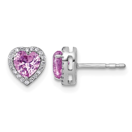 14K White Gold 0.12 Carat Lab Grown Diamond VS+ F+ and Pink Sapphire Complete Heart Halo Post Earrings