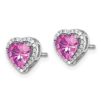 14K White Gold 0.17 Carat Lab Grown Diamond VS+ F+ and Pink Sapphire Complete Heart Halo Post Earrings view 2