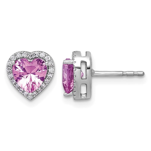 14K White Gold 0.17 Carat Lab Grown Diamond VS+ F+ and Pink Sapphire Complete Heart Halo Post Earrings