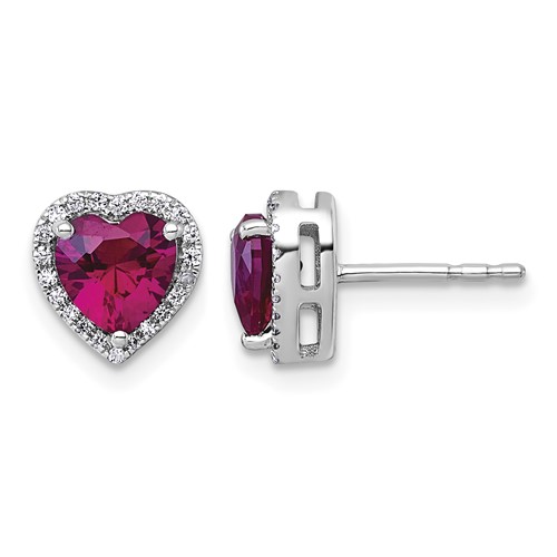 14K White Gold 0.17 Carat Lab Grown Diamond VS+ F+ and Ruby Complete Heart Halo Post Earrings