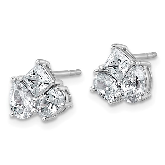 14k White Gold 2 carat Lab Grown Diamond VS+ F+ Complete Princess Round and Pear Three Stone Post Earrings