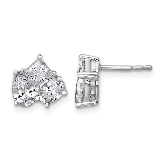 14k White Gold 2 carat Lab Grown Diamond VS+ F+ Complete Princess Round and Pear Three Stone Post Earrings