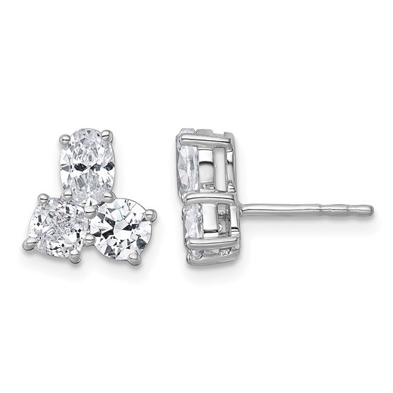 14k White Gold 1 7/8 carat Lab Grown Diamond VS+ F+ Complete Cushion Round and Oval Three Stone Post Earrings