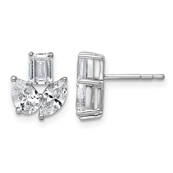 14k White Gold 2 carat Lab Grown Diamond VS+ F+ Complete Emerald Marquise and Pear Three Stone Post Earrings
