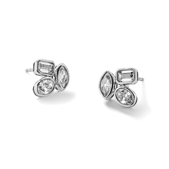 14k White Gold 2 carat Lab Grown Diamond VS+ F+ Complete Emerald Oval and Marquise Three Stone Post Earrings