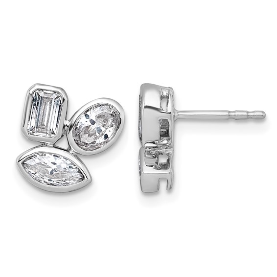 14k White Gold 2 carat Lab Grown Diamond VS+ F+ Complete Emerald Oval and Marquise Three Stone Post Earrings