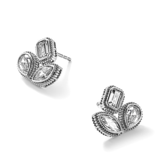 14k White Gold 2 carat Lab Grown Diamond VS+ F+ Complete Emerald Pear and Marquise Three Stone Post Earrings