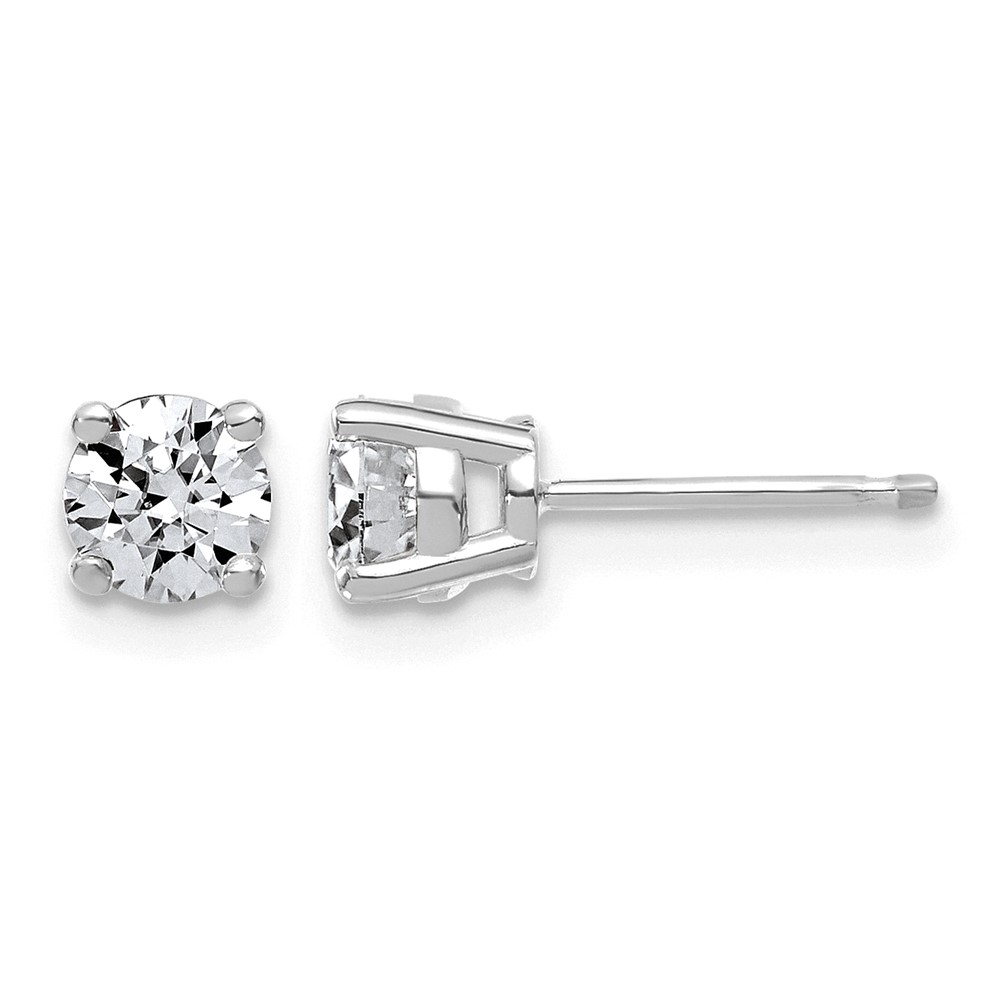 14K White Gold 1 Carat Lab Grown Diamond VS+ F+ Complete Round Angled Profile Four Prong Stud Earrings