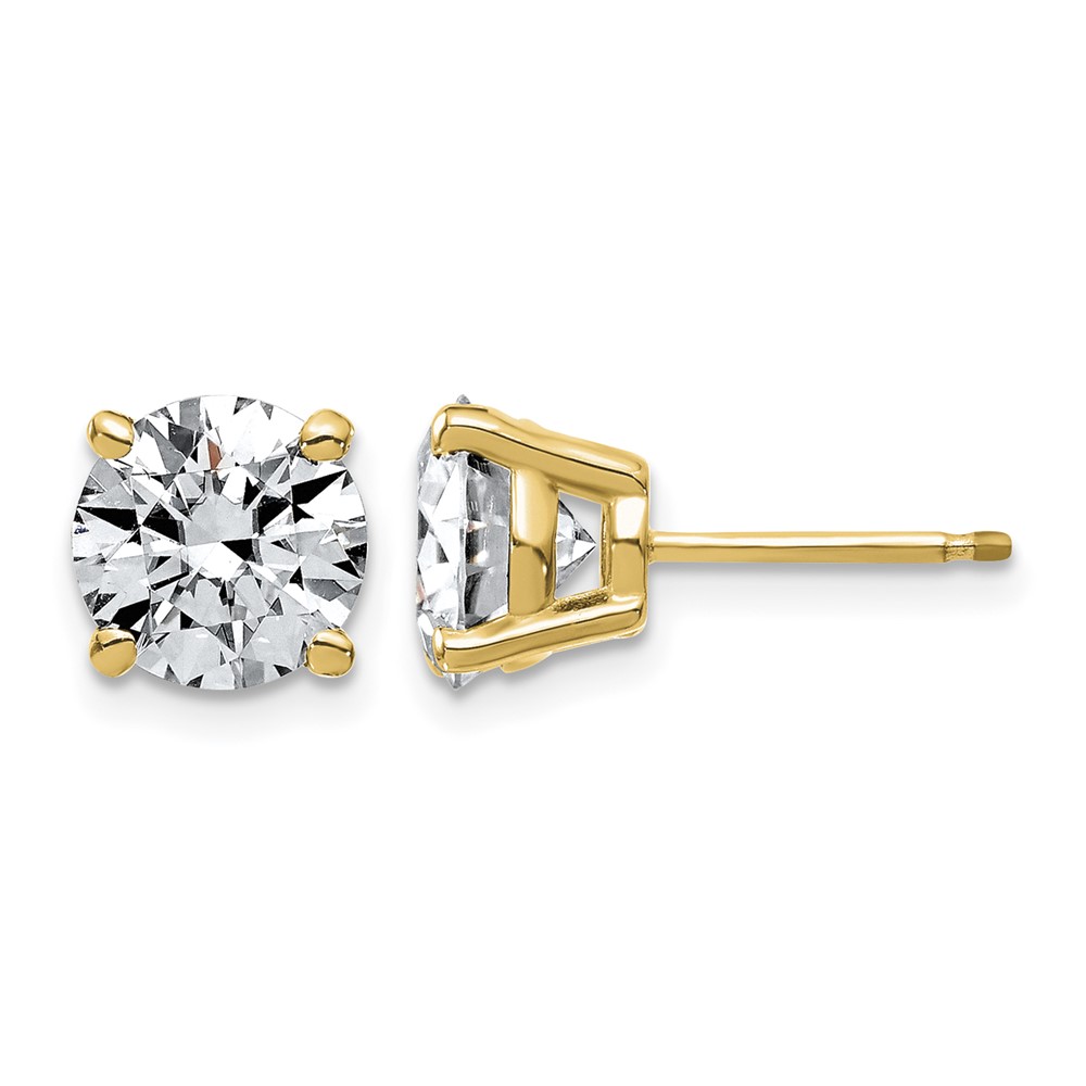 14K Yellow Gold 4 Carat Lab Grown Diamond VS+ F+ Complete Round Angled Profile Four Prong Stud Earrings