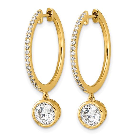 True Origin 14k Yellow Gold 2 3/8 carat Lab Grown Diamond VS+ F+ Complete Round Bezel-Set Dangle In/Out Hoop Earrings