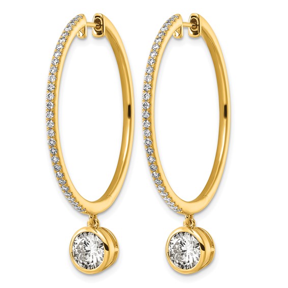 True Origin 14k Yellow Gold 2 5/8 carat Lab Grown Diamond VS+ F+ Complete Round Bezel-Set Dangle In/Out Hoop Earrings