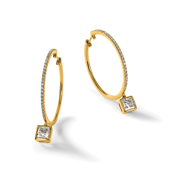 True Origin 14k Yellow Gold 2 5/8 carat Lab Grown Diamond VS+ F+ Complete Square Bezel-Set Dangle In/Out Hoop Earrings