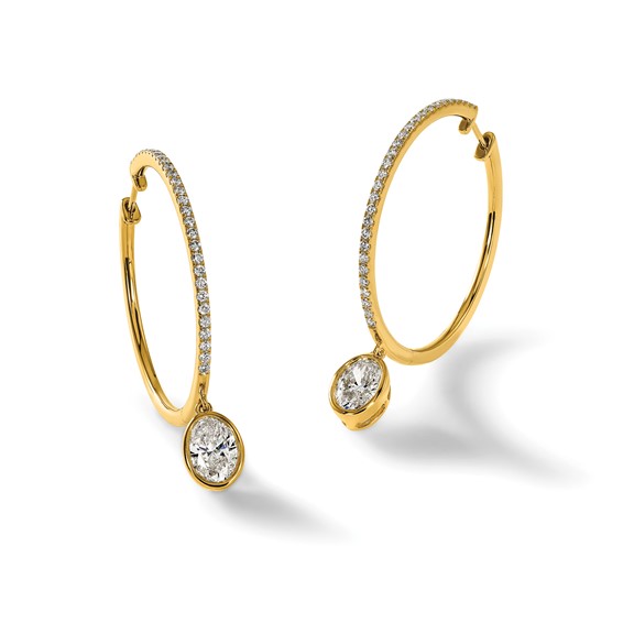 True Origin 14k Yellow Gold 2 5/8 carat Lab Grown Diamond VS+ F+ Complete Oval Bezel-Set Dangle In/Out Hoop Earrings