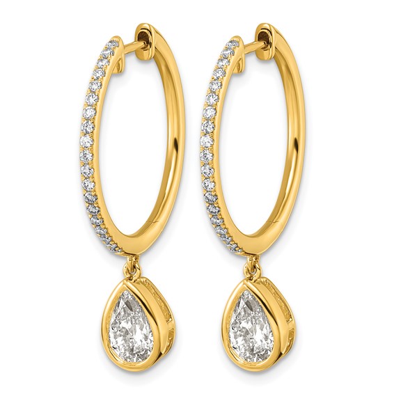 True Origin 14k Yellow Gold 2 3/8 carat Lab Grown Diamond VS+ F+ Complete Pear Bezel-Set Dangle In/Out Hoop Earrings