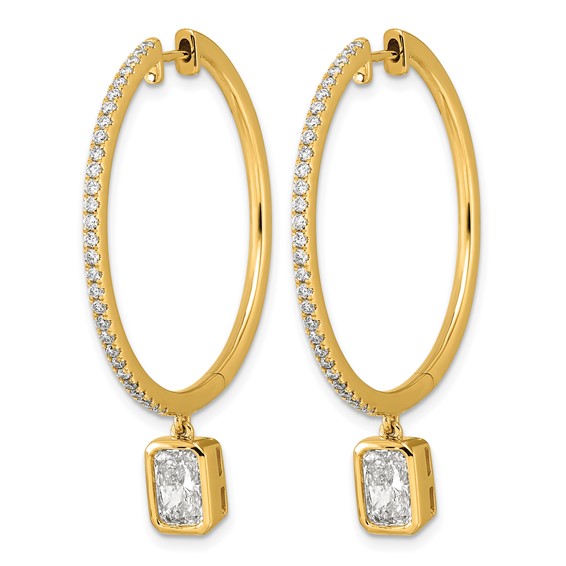 True Origin 14k Yellow Gold 2 5/8 carat Lab Grown Diamond VS+ F+ Complete Radiant Bezel-Set Dangle In/Out Hoop Earrings