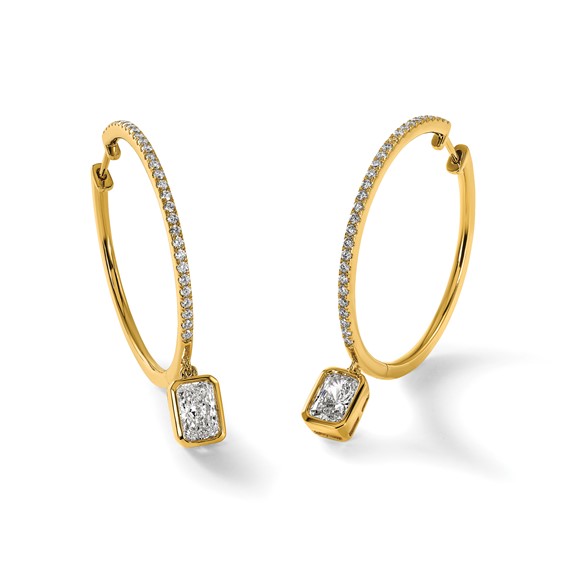 True Origin 14k Yellow Gold 2 5/8 carat Lab Grown Diamond VS+ F+ Complete Radiant Bezel-Set Dangle In/Out Hoop Earrings