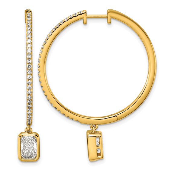 True Origin 14k Yellow Gold 2 5/8 carat Lab Grown Diamond VS+ F+ Complete Radiant Bezel-Set Dangle In/Out Hoop Earrings