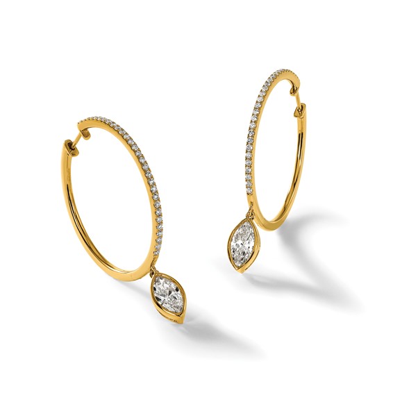 True Origin 14k Yellow Gold 2 5/8 carat Lab Grown Diamond VS+ F+ Complete Marquise Bezel-Set Dangle In/Out Hoop Earrings